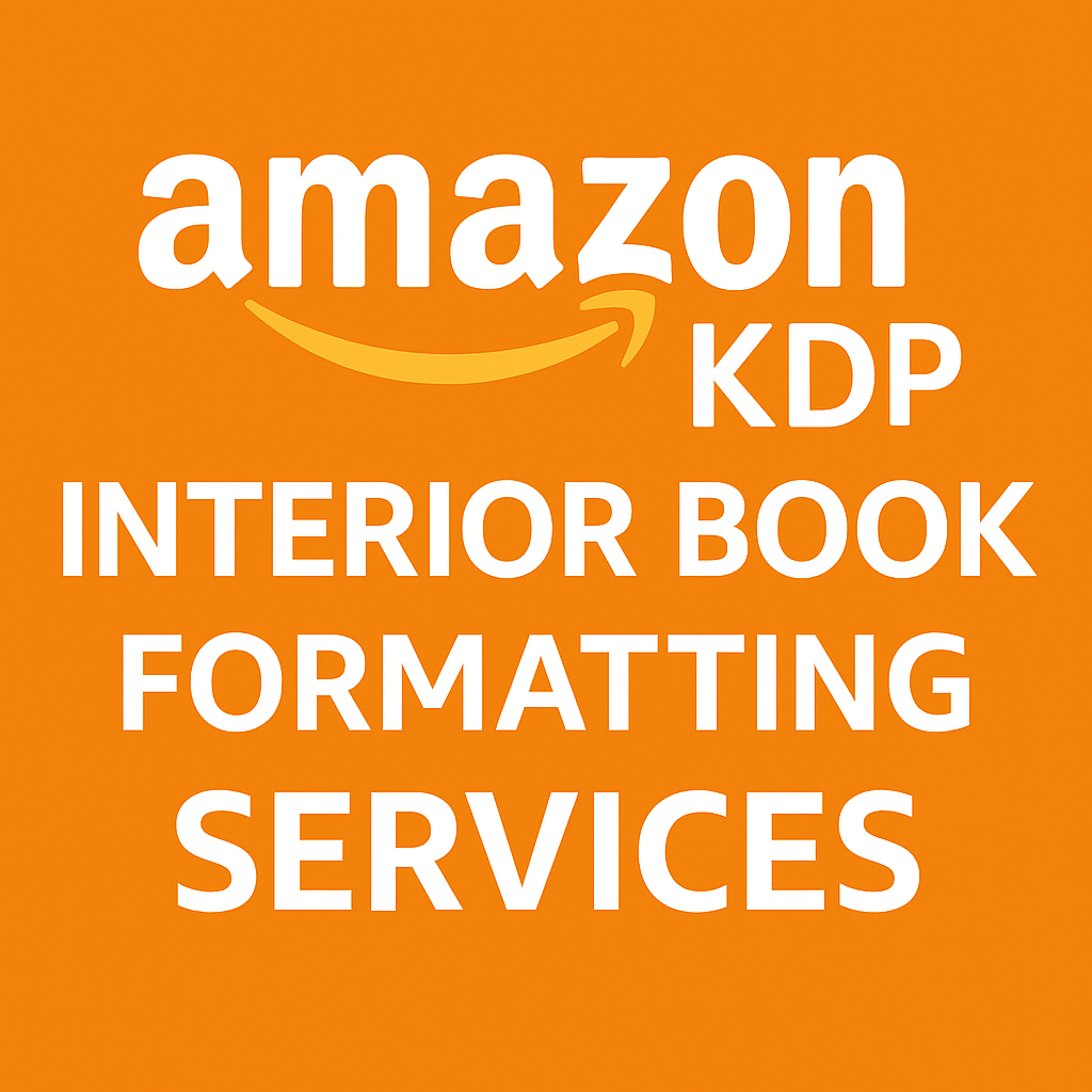 Amazon KDP Interior Book Formatting Services product graphic with Amazon colors and logo, highlighting professional ebook, paperback, and hardback formatting.