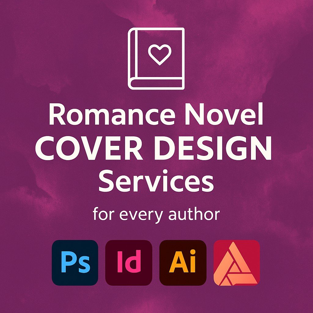 Romance Novel Book Cover Design Services promotional graphic featuring bold white text, a heart-shaped book icon, and logos for Adobe Photoshop, InDesign, Illustrator, and Affinity Designer on a textured pink background, with the tagline "for every author" in smaller text below.