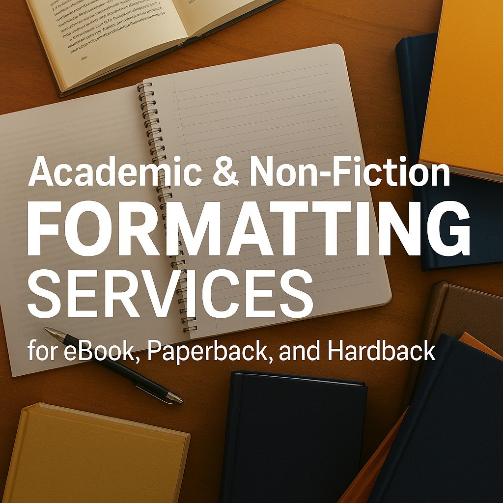 Academic & Non-Fiction Formatting Services promotional banner with books, notebooks, and bold white text featuring tagline “for eBook, Paperback, and Hardback.