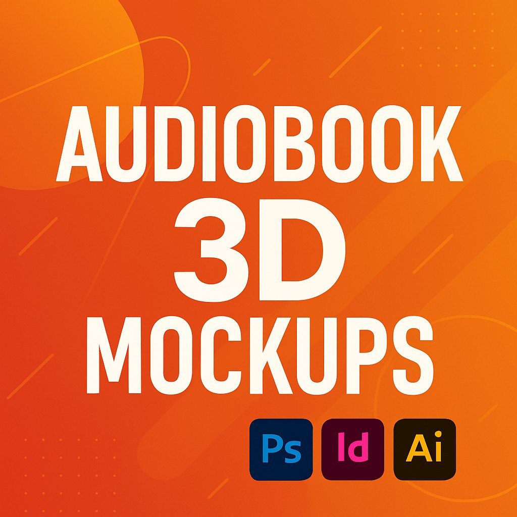 Audiobook 3D Mockups promotional banner with bold white text, Adobe Photoshop, InDesign, and Illustrator icons on a vibrant orange gradient background with abstract design elements.