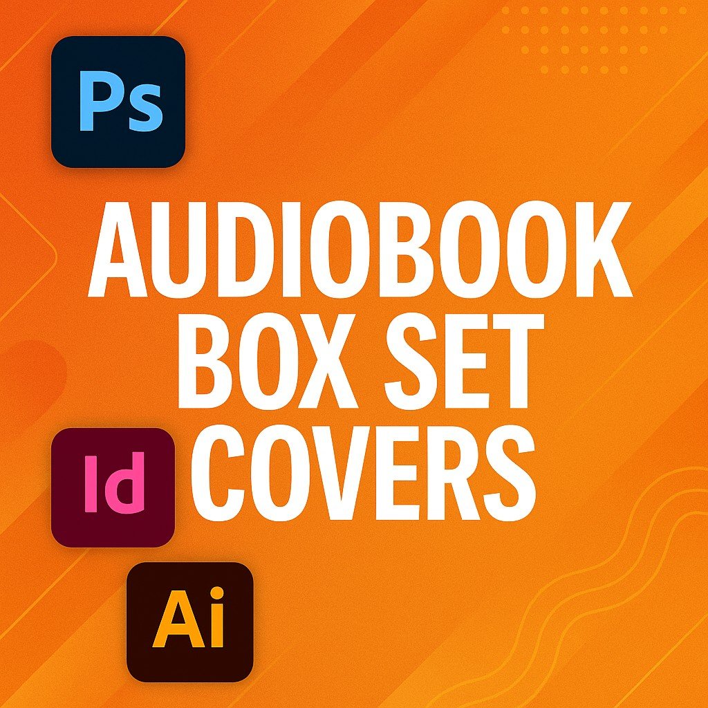 Audiobook Box Set Covers promotional banner with bold white text, Adobe Photoshop, InDesign, and Illustrator icons on a vibrant orange gradient background with abstract geometric design elements.