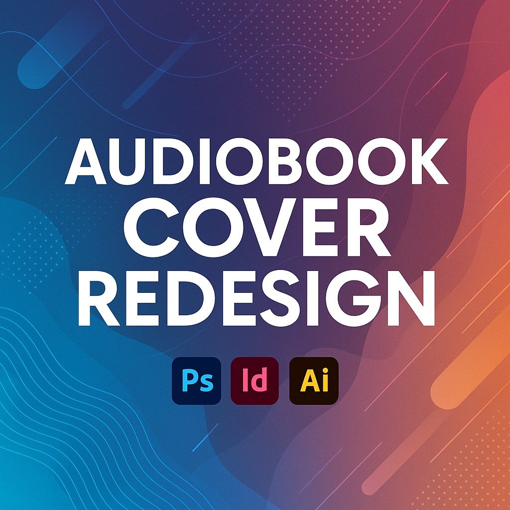 Audiobook Cover Redesign promotional banner with bold white text, Adobe Photoshop, InDesign, and Illustrator icons on a vibrant multicolor abstract background with geometric and wave design elements.