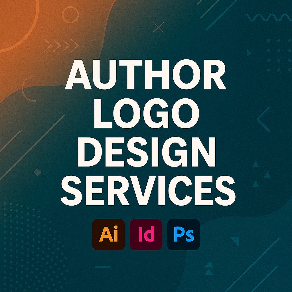 Professional Author Logo Design Services digital banner with bold text and Adobe Photoshop, Illustrator, InDesign icons on colorful gradient background.
