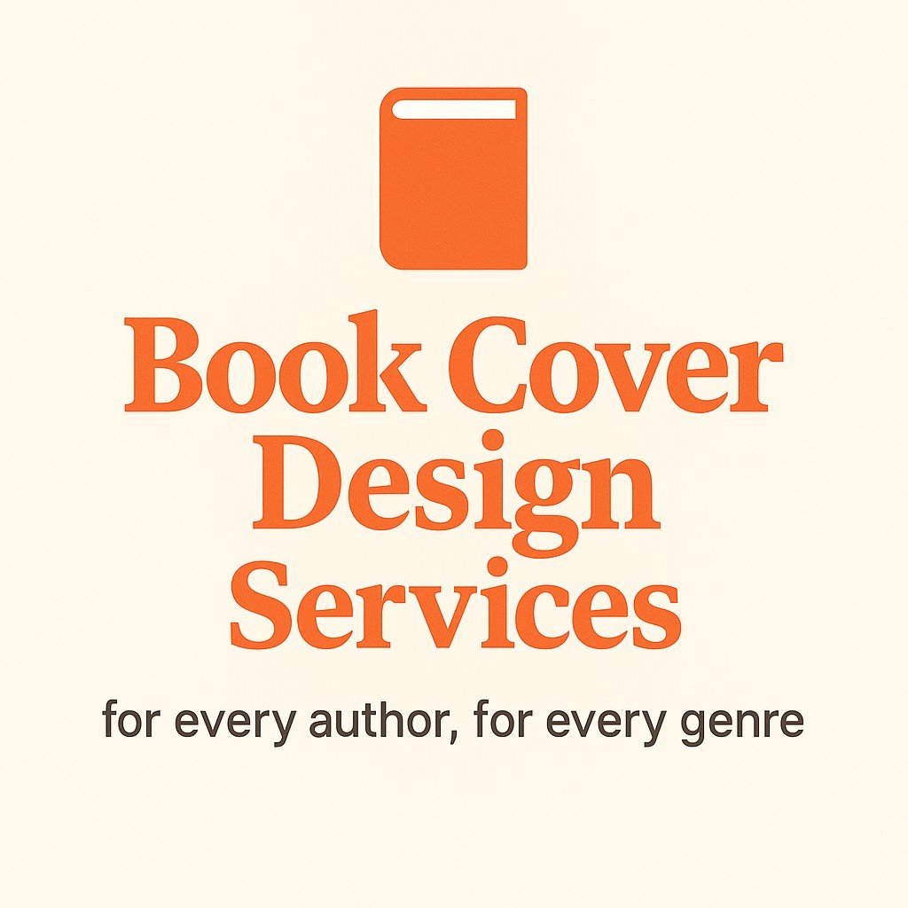 Book Cover Design Services promotional graphic with book icon, bold text, and tagline “for every author, for every genre.”