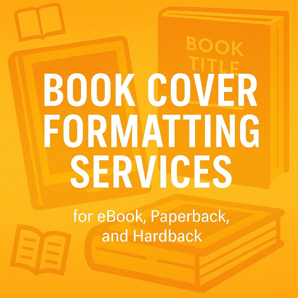 Book Cover Formatting Services promotional banner with bold white text, orange background, and illustrated eBook, Paperback, and Hardback elements.