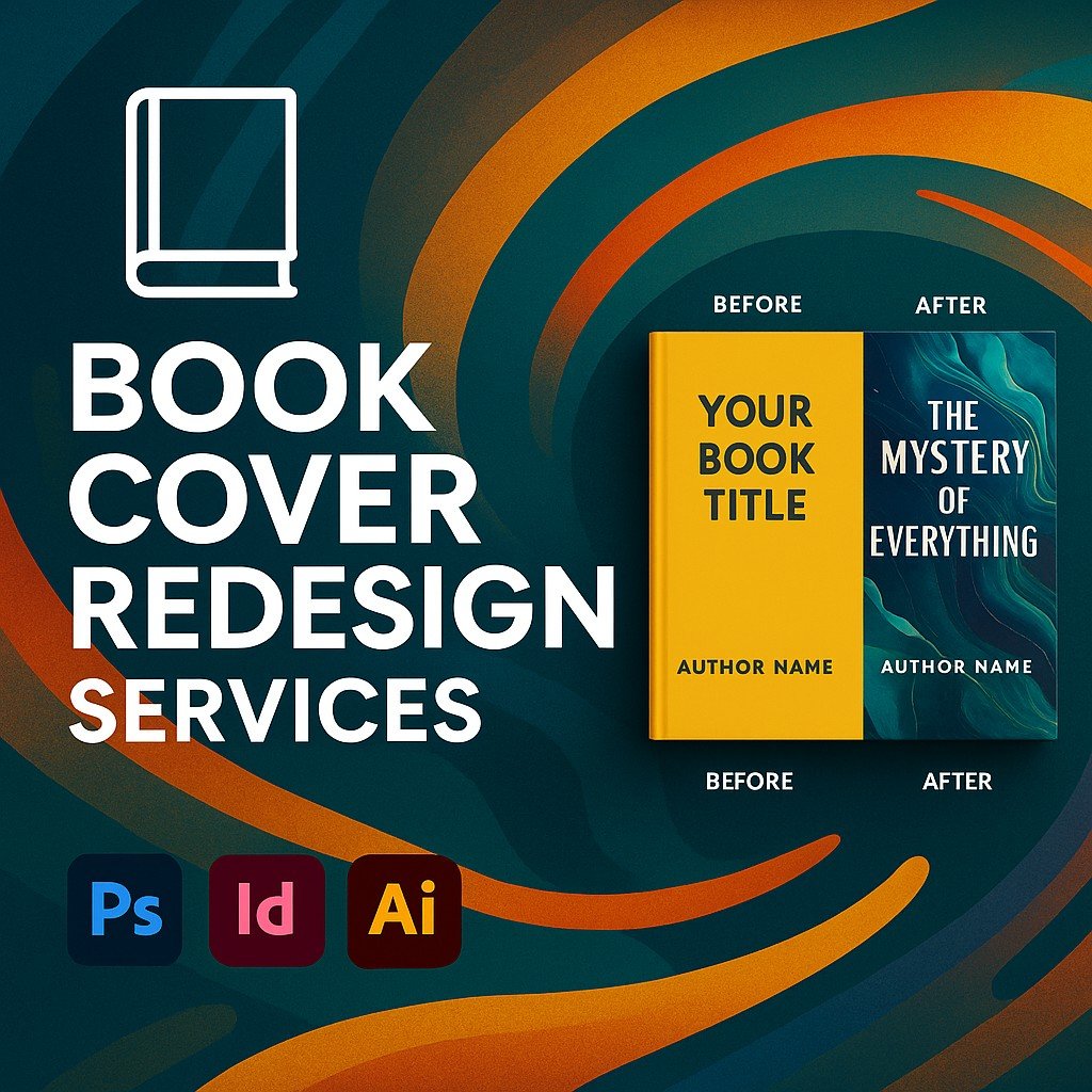 Book Cover Redesign Services promotional graphic with modern abstract background, before-and-after book cover mockup, bold centered text, and Adobe Photoshop, InDesign, and Illustrator logos.
