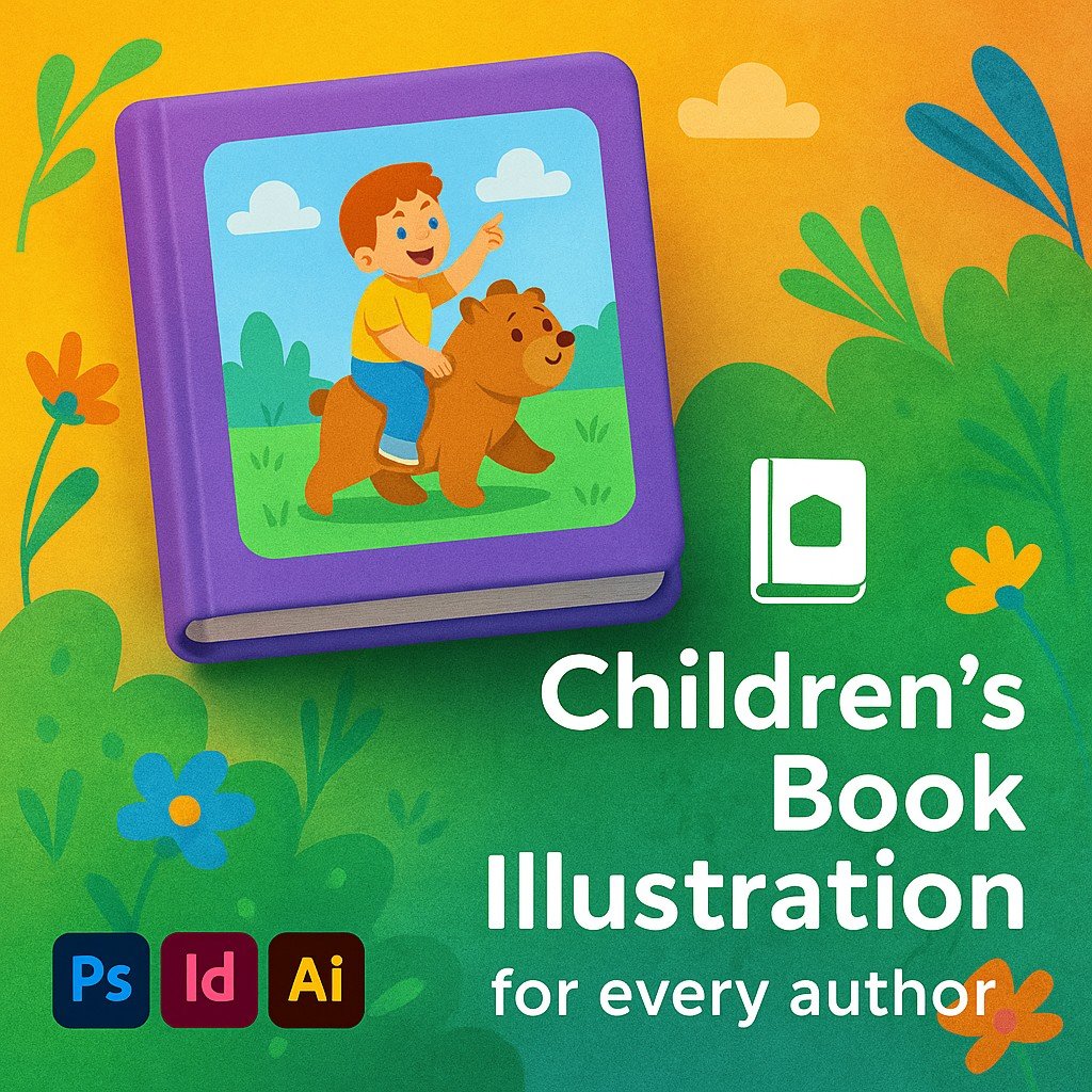 Children’s Book Illustration promotional graphic with playful colorful background, realistic book mockup showing a child riding a bear, bold text “Children’s Book Illustration,” tagline “for every author,” and Adobe Photoshop, InDesign, and Illustrator logos.
