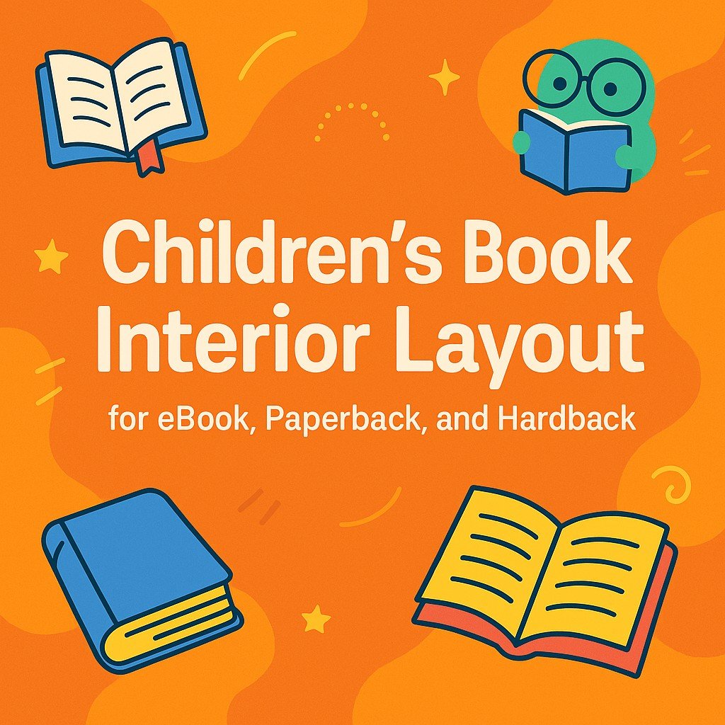 Children’s Book Interior Layout promotional banner with playful book illustrations, bright colors, and bold text featuring tagline “for eBook, Paperback, and Hardback.”