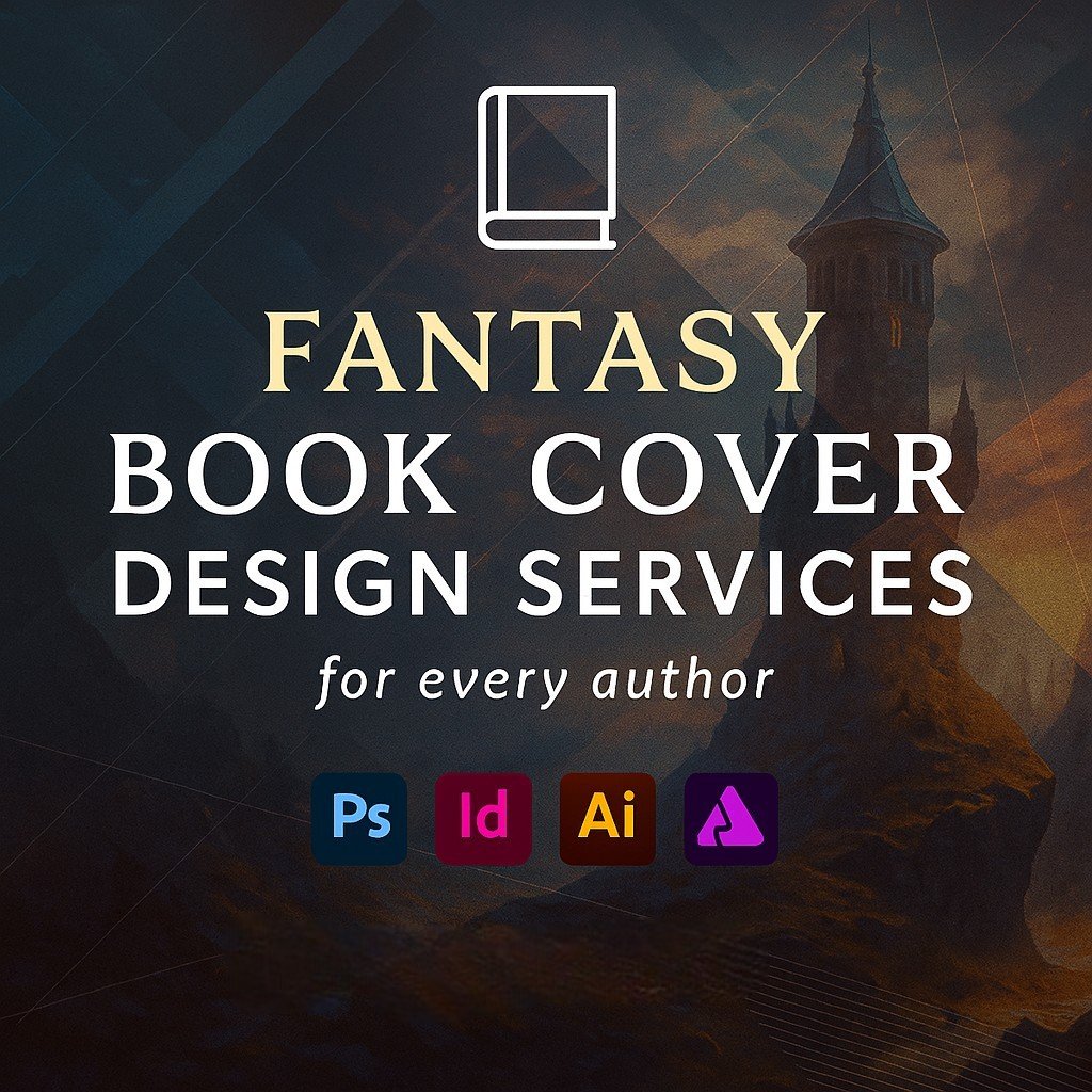 Fantasy Book Cover Design Services promotional graphic with book icon, bold text, tagline “for every author,” and Adobe Photoshop, InDesign, Illustrator, and Affinity logos on a magical fantasy-inspired background.