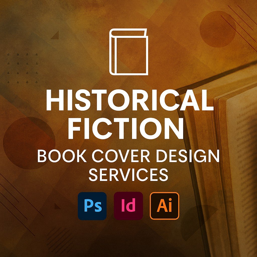 Historical Fiction Book Cover Design Services promotional graphic with book mockup, earthy textured background, bold centered text, and Adobe Photoshop, InDesign, and Illustrator logos.