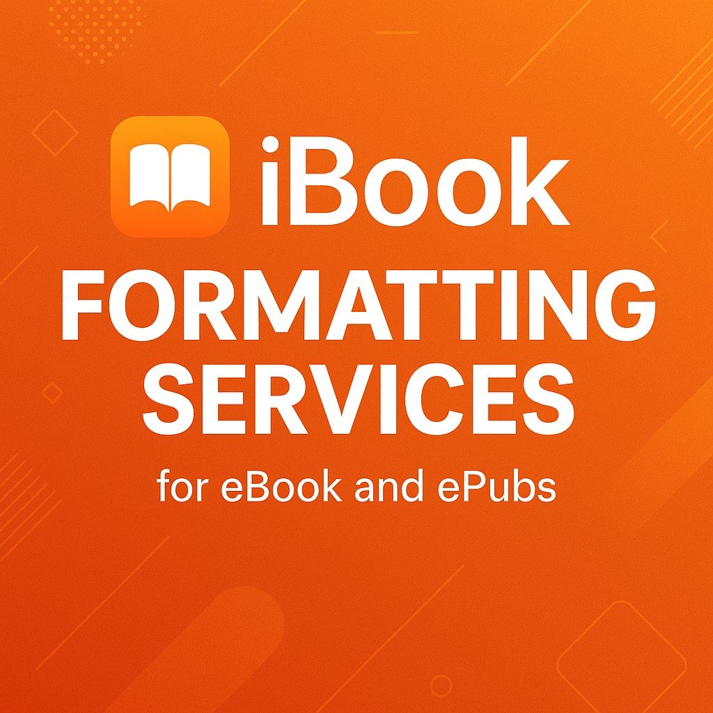 iBook Formatting Services promotional banner with iBooks logo, bold white text, and orange gradient background featuring tagline “for eBook and ePubs.