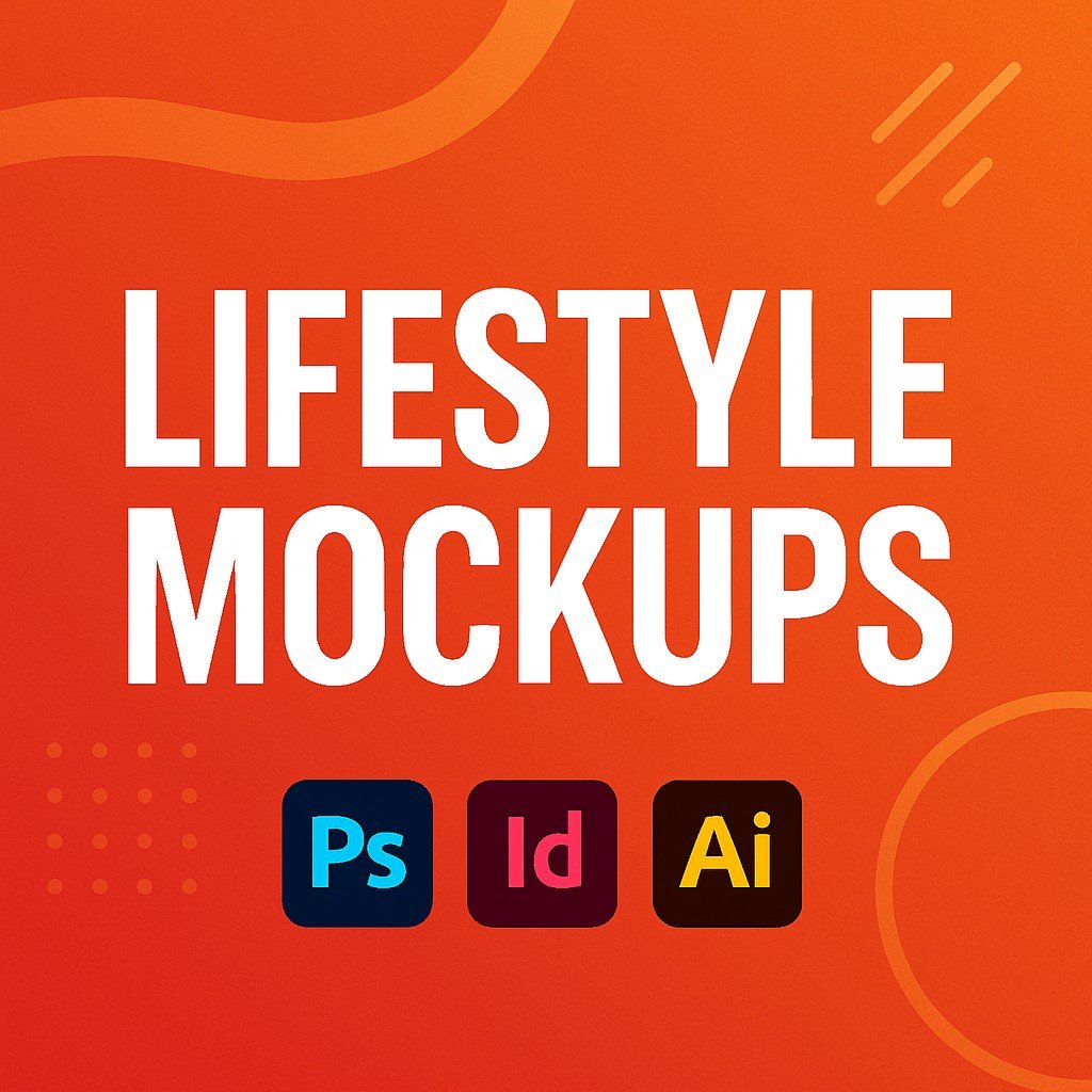 Lifestyle Mockups promotional banner with bold white text, Adobe Photoshop, InDesign, and Illustrator icons on a vibrant orange-red gradient background with abstract design elements.