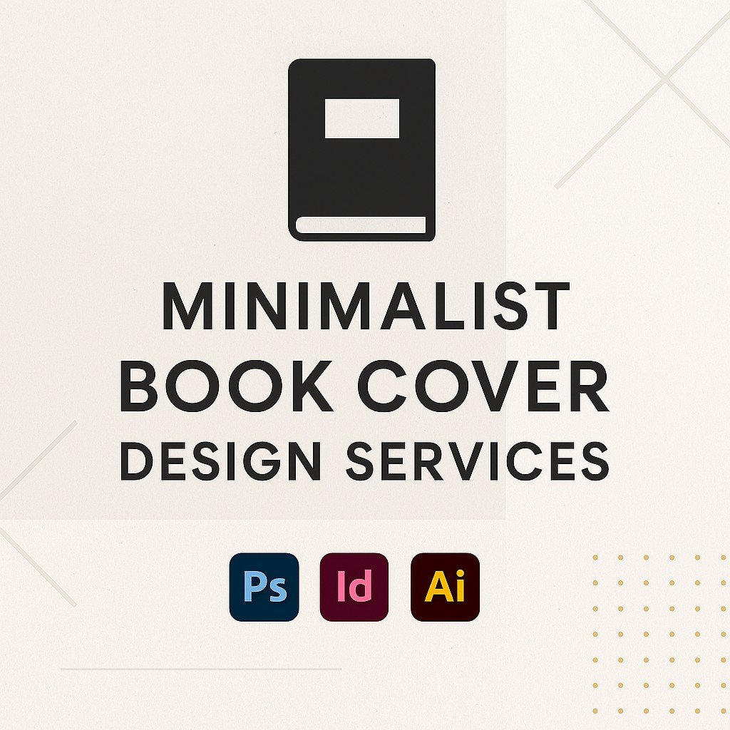 Minimalist Book Cover Design Services promotional graphic with clean beige background, bold centered text, book cover icon, and Adobe Photoshop, InDesign, and Illustrator logos.
