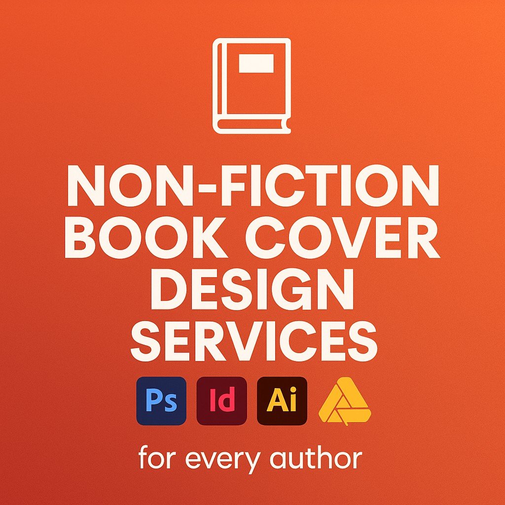Non-Fiction Book Cover Design Services promotional graphic with book icon, bold text, tagline “for every author,” and Adobe Photoshop, InDesign, Illustrator, and Affinity logos displayed beneath.