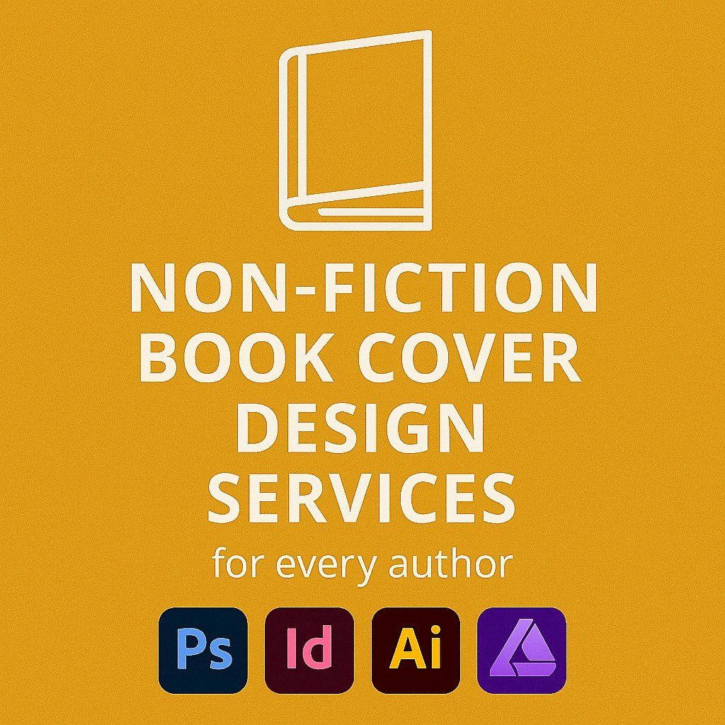 Non-Fiction Book Cover Design Services promotional graphic featuring bold white text, a minimalist book icon, and logos for Adobe Photoshop, InDesign, Illustrator, and Affinity Designer on a warm textured background. 📁 SEO-Optimized Image File Name File Name: non-fiction-book-cover-design-services-adobe-affinity-tools.png Let me know if you'd like genre-specific versions for business, memoir, or educational books, or if you want this adapted for social media ads or product listings.