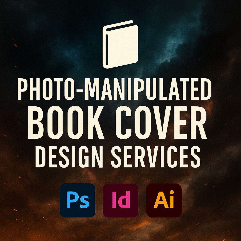 Photo-Manipulated Book Cover Design Services promotional graphic with cinematic stormy background, bold centered text, white book icon, and Adobe Photoshop, InDesign, and Illustrator logos.