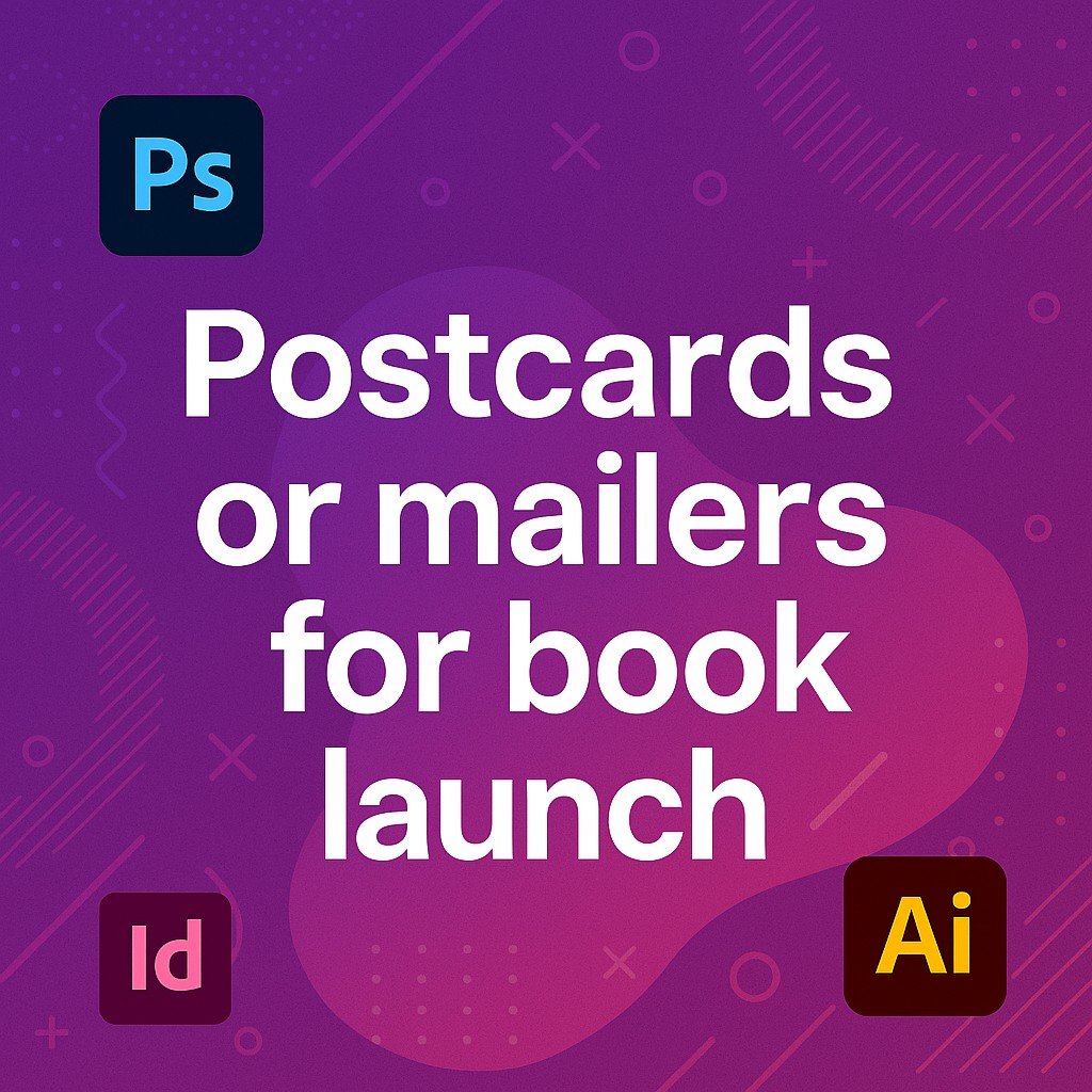 Postcards or Mailers for Book Launch promotional banner with bold white text on a purple gradient background, featuring Adobe Photoshop, InDesign, and Illustrator icons with abstract geometric accents.