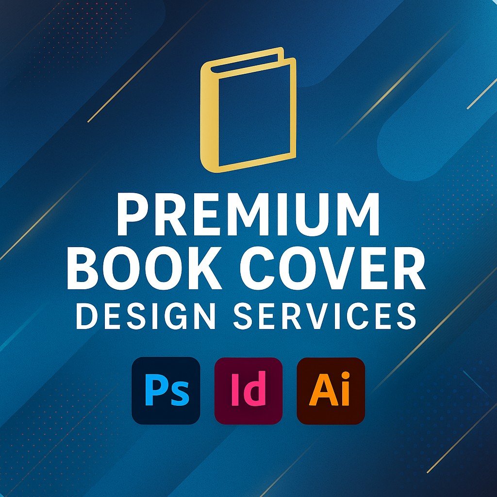 Premium Book Cover Design Services promotional graphic with sleek blue gradient background, golden book icon, bold centered text, and Adobe Photoshop, InDesign, and Illustrator logos.
