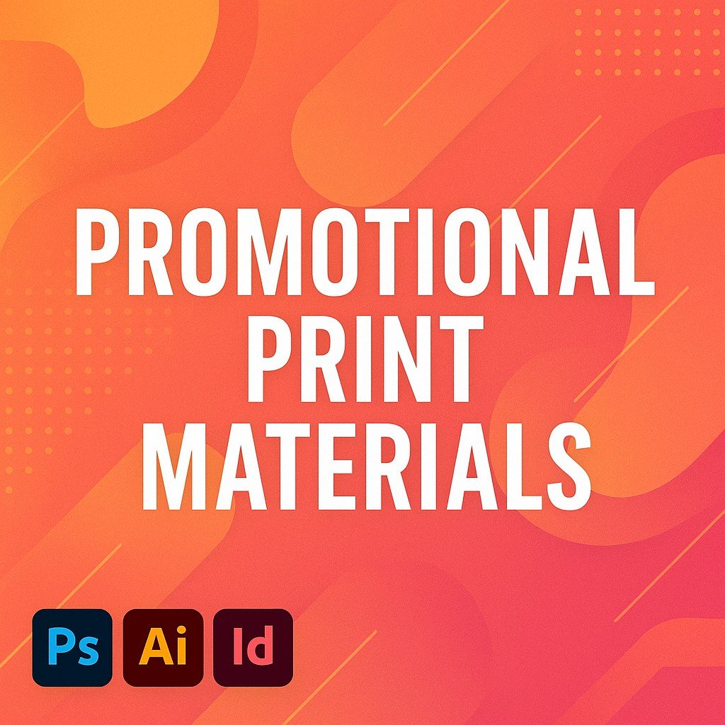Promotional Print Materials banner with bold white text, Adobe Photoshop, Illustrator, and InDesign icons on a vibrant orange-pink gradient background with abstract geometric elements.