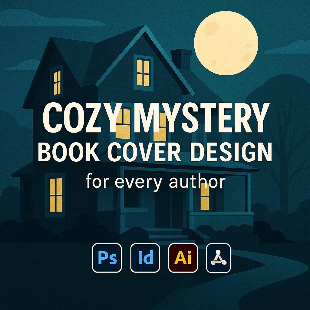 Cozy Mystery Book Cover Design promotional graphic with Victorian house under a moonlit sky, bold centered text, tagline “for every author,” and Adobe Photoshop, InDesign, and Illustrator logos.