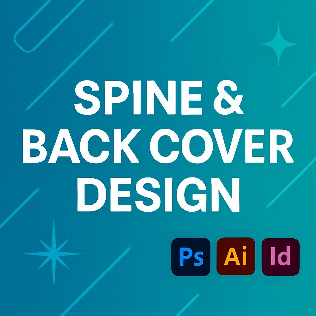 Spine & Back Cover Design promotional banner with bold white text, Adobe Photoshop, Illustrator, and InDesign icons on a teal-blue gradient background with abstract design elements.