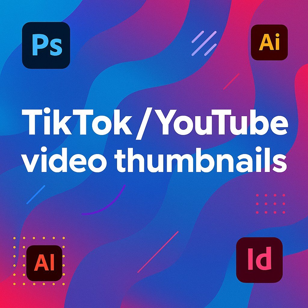 TikTok/YouTube Video Thumbnails promotional banner with bold white text on a vibrant gradient background featuring Adobe Photoshop, Illustrator, and InDesign logos.